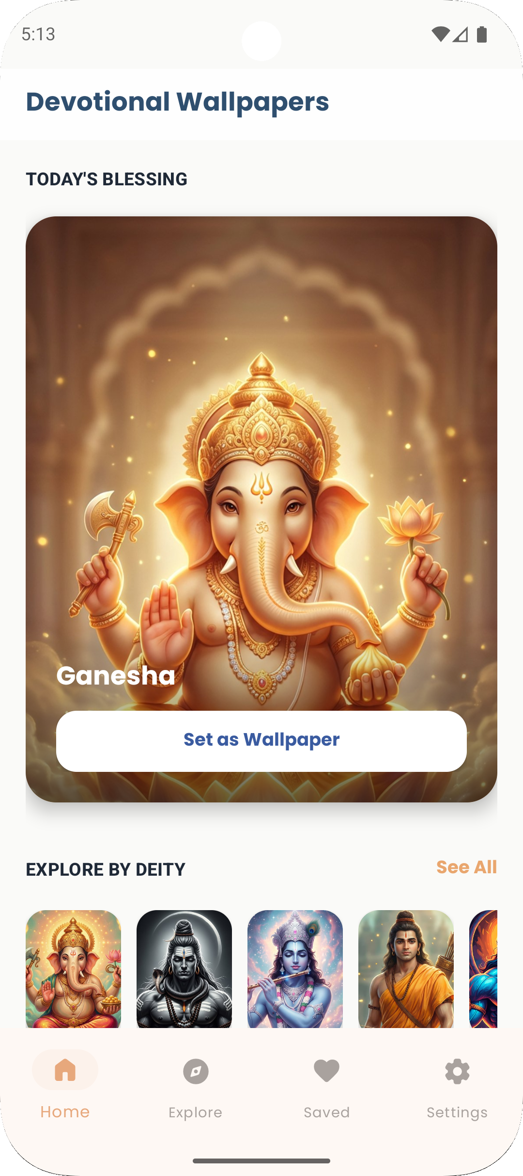 Devotional Wallpapers Android app home screen showing Today's Blessing